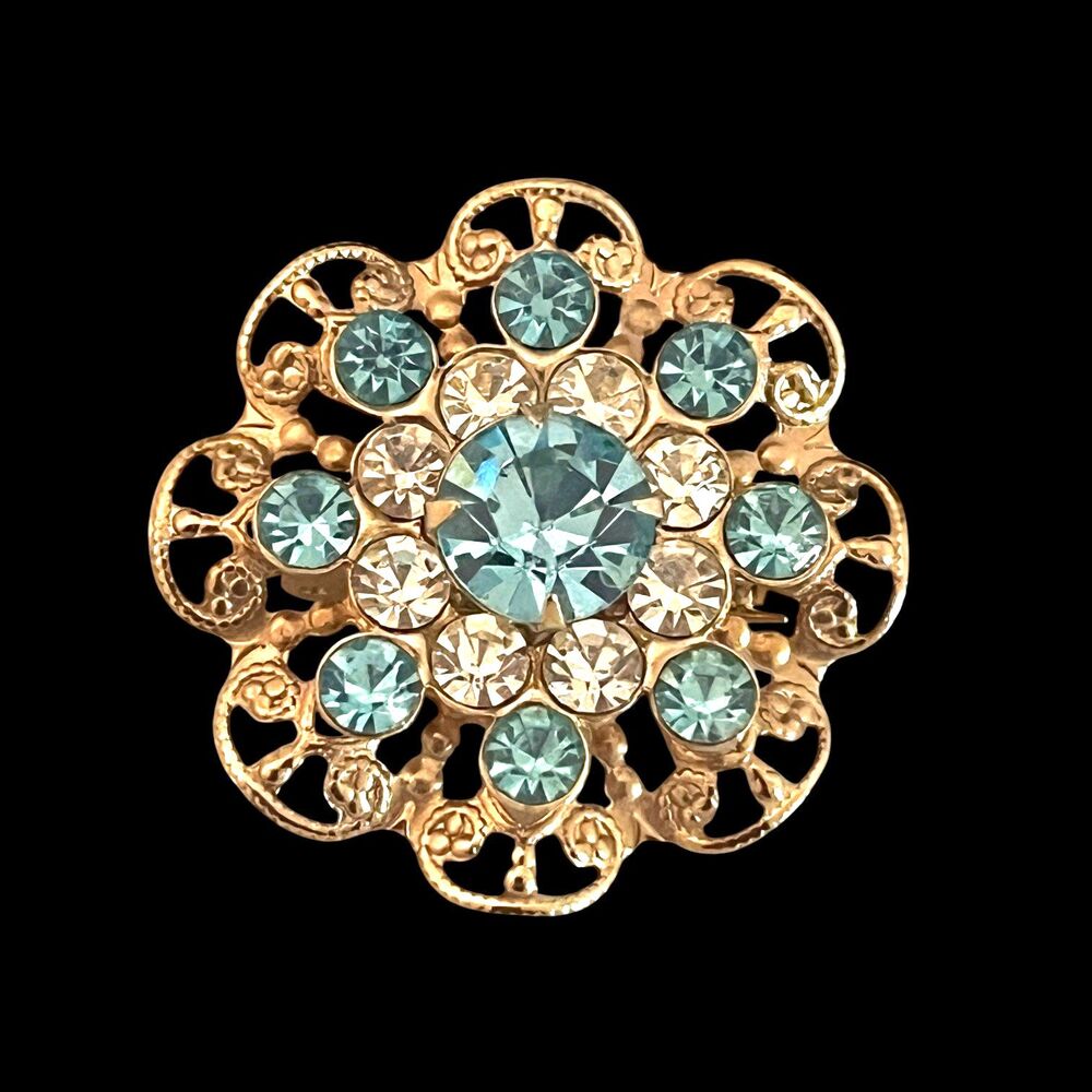 Vintage 1950s Brooch Blue Clear Rhinestone Floral Filigree Mid Century - 9P